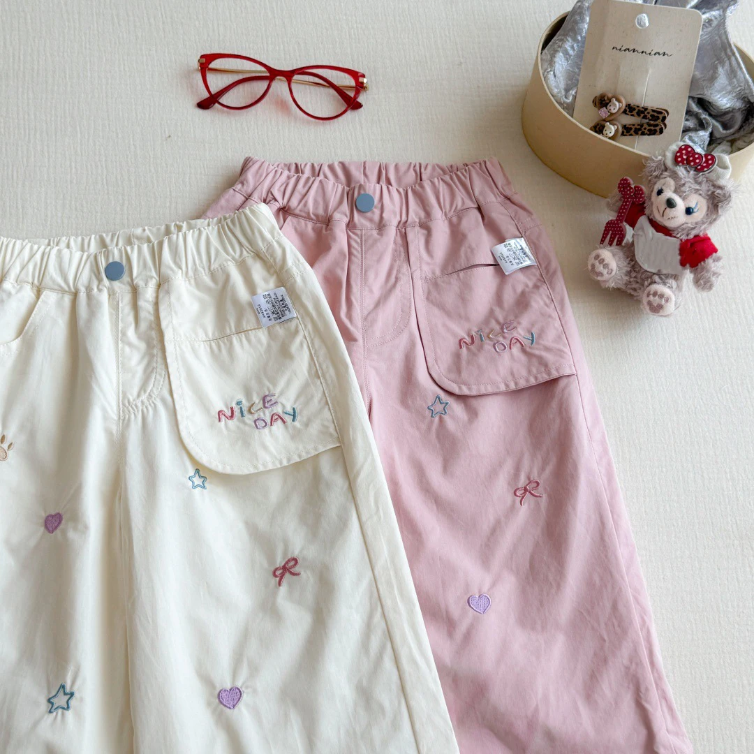 Kids Girls Casual Embroidery Cargo Pants Elastic Waist Cute Pattern Loose Straight Wide Leg Trouser 2-8Y Child Versatile Trouser