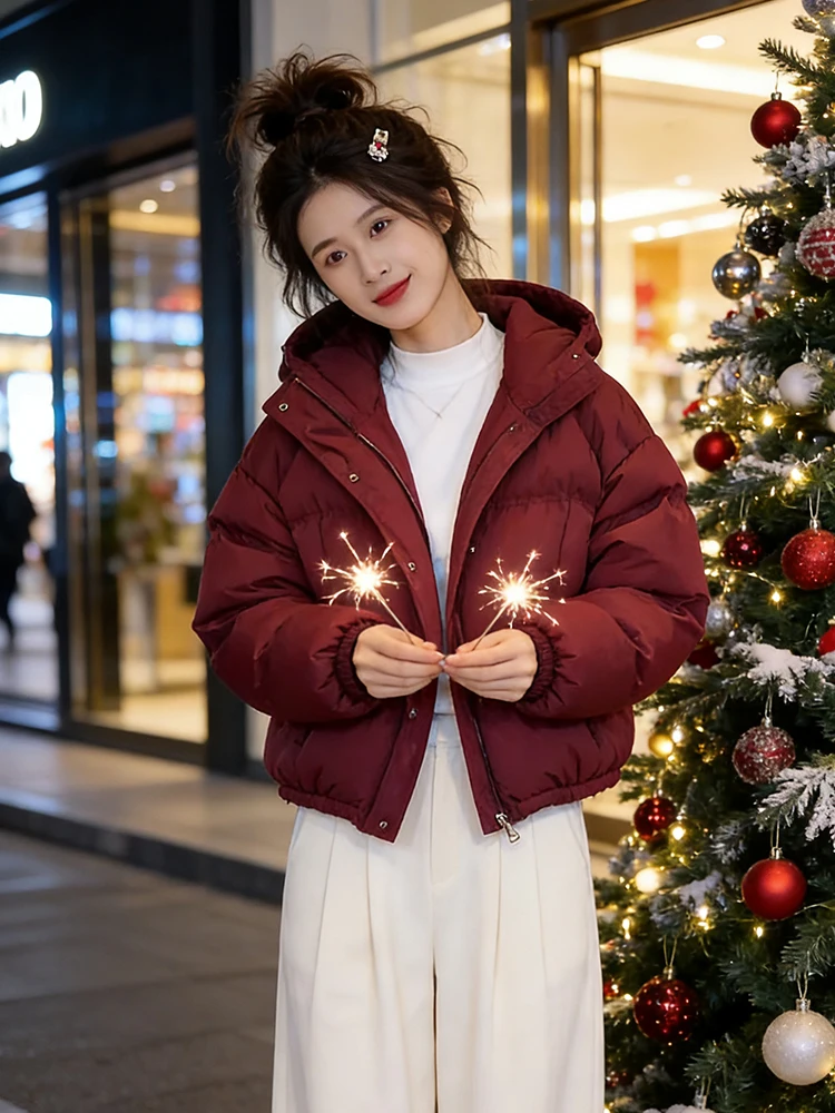 

Утепленная женская хлопковая куртка в американском стиле с капюшоном, повседневное зимнее пальто в корейском стиле, свободный крой, длинный рукав, однотонная