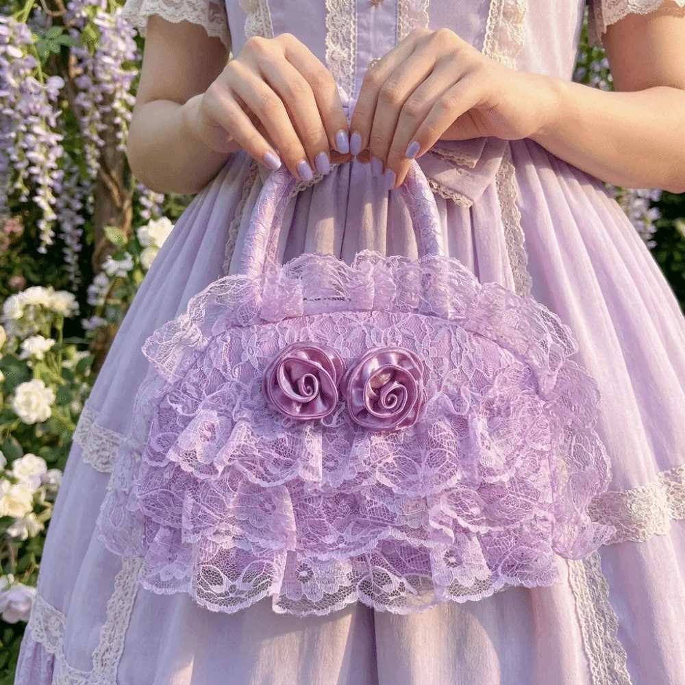 Polyester Material Ruffled Lace Handbag Multilayer Zipper Closure Lolita Bag 3D Fabric Rose Dome Top Handle Small Tote Bag Gift