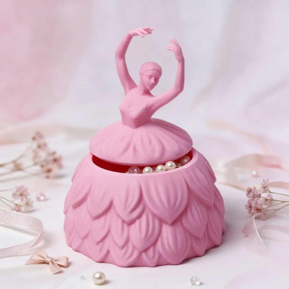3D Printed Ballet Dancer Jewelry Box Pink Romantic Jewelry Storage Jar With Lid Plastic Angel Trinket Box Ring Earring Storage