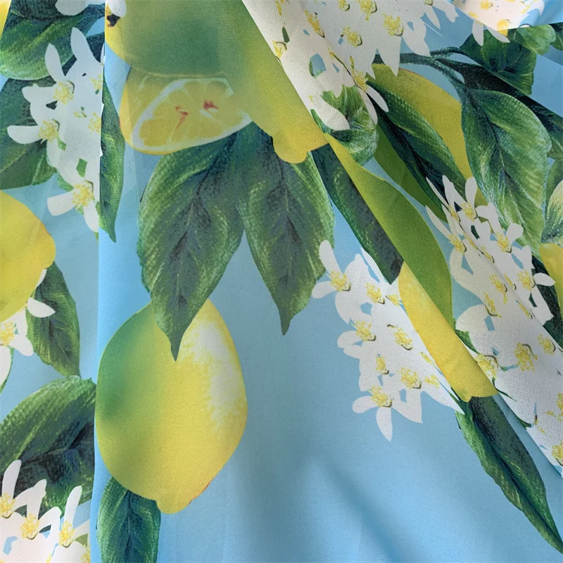 Spring Summer Women\'s Blouse Polyester Fabric Handmade DIY Sewing Dress Lemon and Flower Digital Printing Fashion Fabric