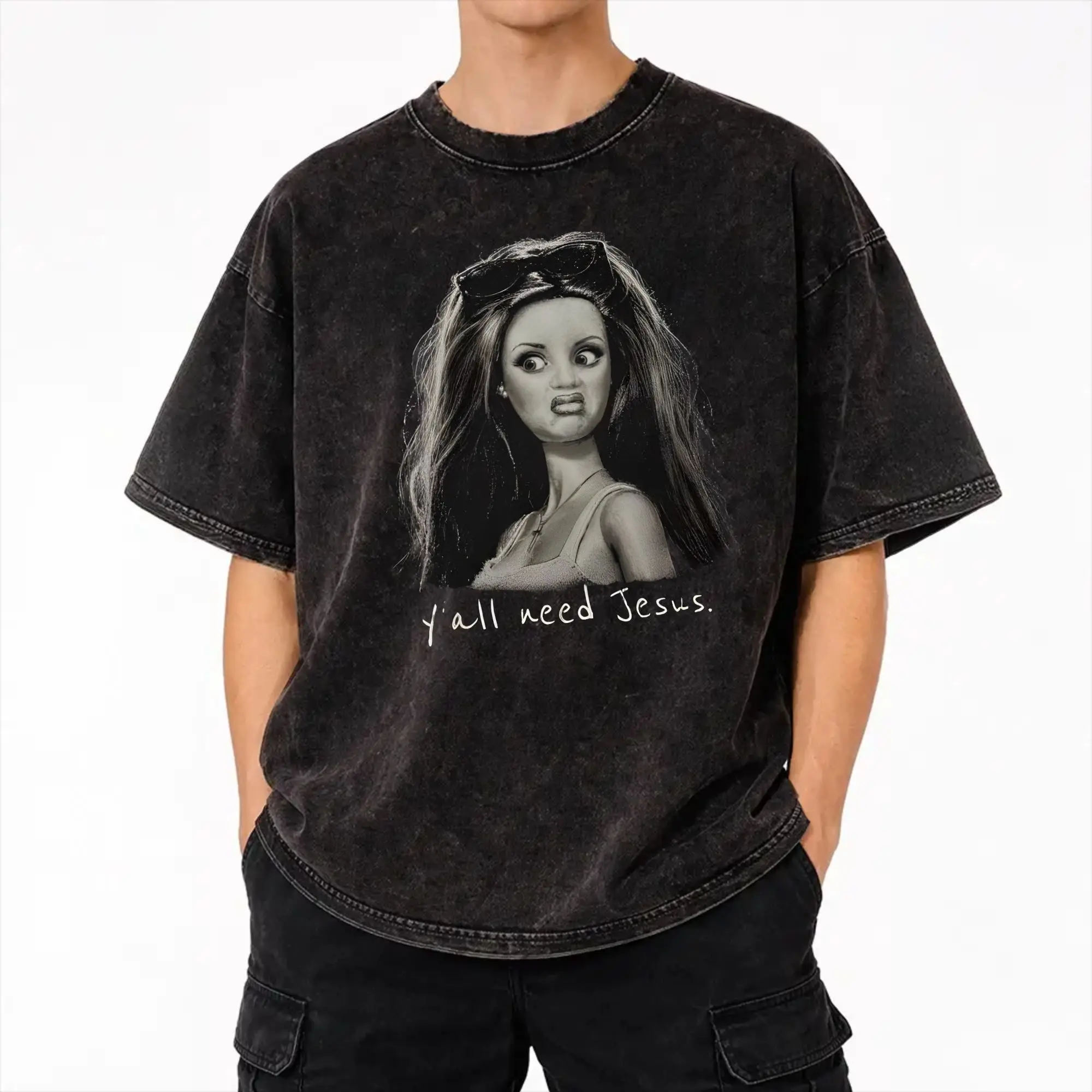 Harajuku Washed Shirts Blonde Doll Disheveled Doll Apparel Novelty T-Shirts Oversize  Streetwear Short Sleeve Summer Tops Tees