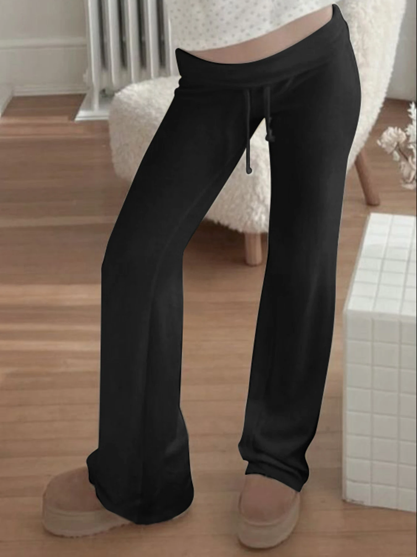 Solid Drawstring Low Waist Straight Pants Women Basic Casual Jogger Sweatpants