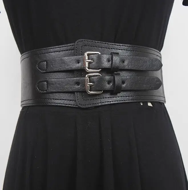 Women Belt Black PU Leather Elasticity Cummerbund Include Chain