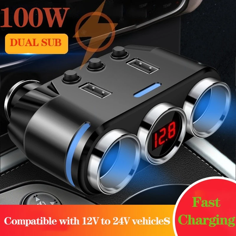 

100/150W Car Cigarette Lighter Charger 2 USB Port 3 Way Socket Splitter DC 12~24V Auto Power Adapter Plug Fast Charger