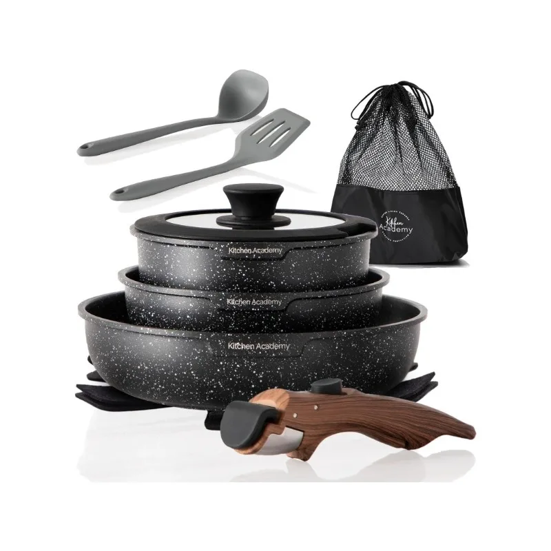 

Removable Handle Induction Pots and Pans Set - 10 Piece Non-stick Cookware Sets, Black Granite Stackable RV Cookware for Camp