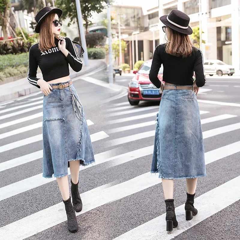 Spring Summer New Women Cowboy Skirts Female High Waist Large Size Irregular Skirt Ladies Fashion Splicing Denim Jeans Skirt 5XL