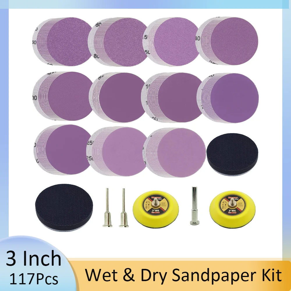 

117 Pcs 3 Inch Purple Sandpaper Kit 80-3000 Assorrt Grits with Adapter and Backing Pad Interface Pads for Grinding Car Metal