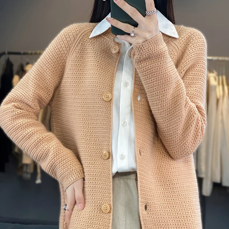 DjzDsm Women's 100% Merino Wool Top Honeycomb Button Cardigan Fit Comfortable Knitted Sweater Outerwear New Style