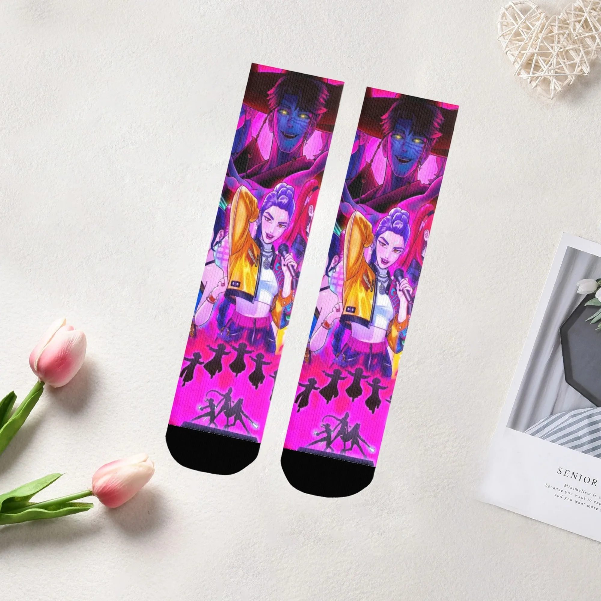 Unisex K-POP Anime Evil Girl Crew Socks Artistic Idol Character Design Comfortable Socks for Anime Lovers & Trendy Style Fans