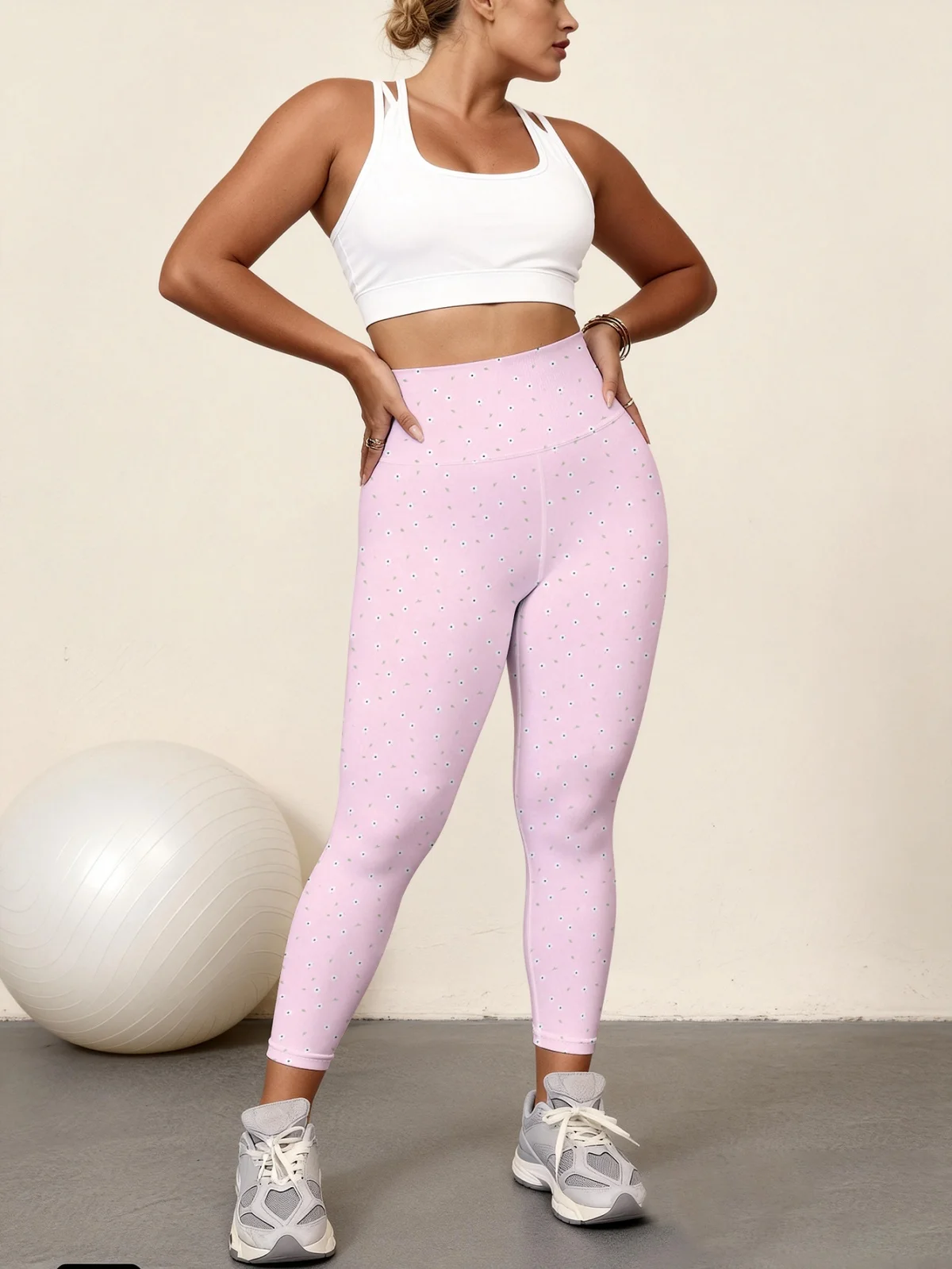 

Light foundation make-up mini white flower full printing print women's high waisted yoga pants, high stretch quick drying sports