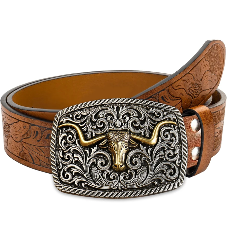Golden Bull Head Tang Grass Pattern Belt Exquisite Carved Large Plate Buckle Alloy Buckle for Men and Women - Irregular Pattern