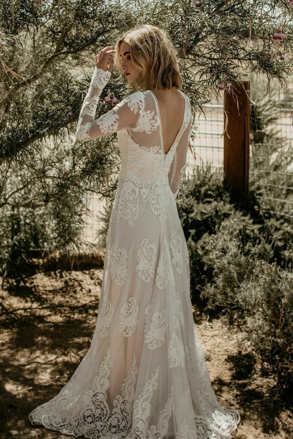 Abiti da sposa Boho a-line scollo a v maniche lunghe Tulle pizzo abito da sposa bohémien abiti da sposa Vestidos De Novia