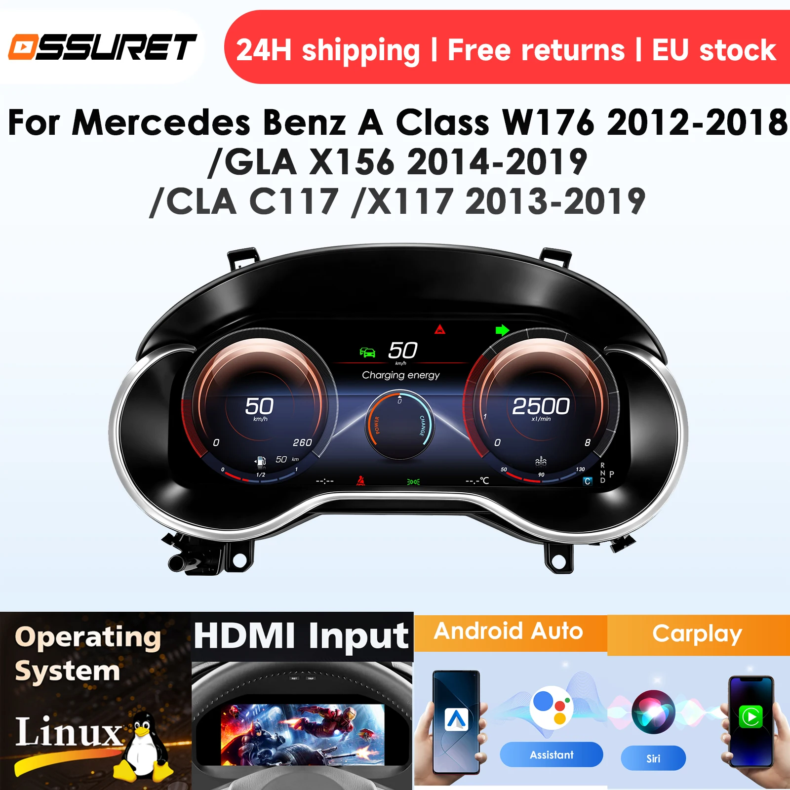 Cruscotto digitale per auto Mercedes Benz Classe A W176 2012-2018 GLA X156 2014-2019 CLA C117 /X117 2013-2019 Carplay Android Auto Tachimetro LCD Stile Pannello Strumenti Tachimetro Abitacolo