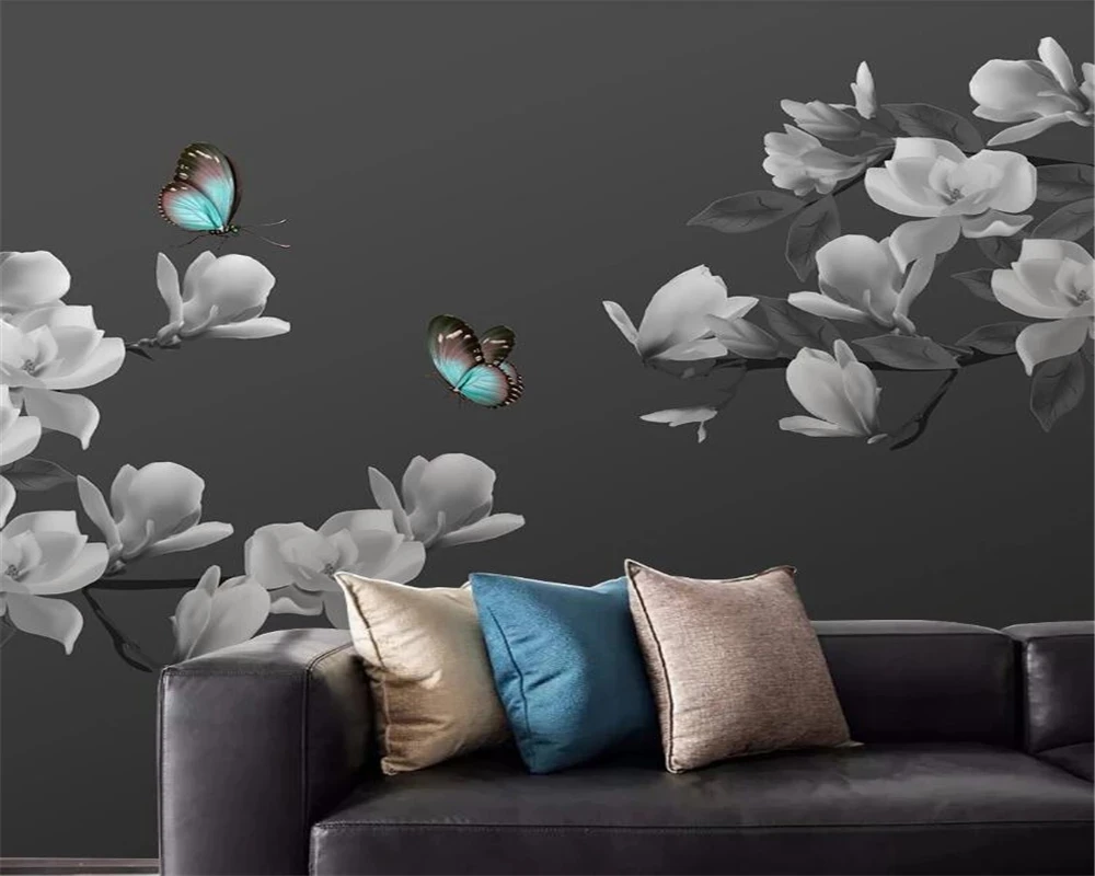 Customized wallpaper 3D mural HD hand painted black white magnolia flower butterfly Living room TV background bedroom restaurant