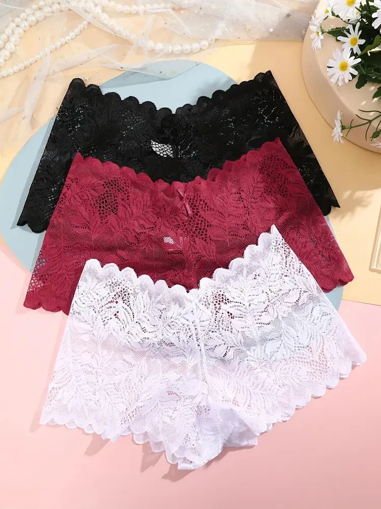 FINETOO 5Pcs Lace Boyshort Panties Women Low Waist Floral Underwear Girls Sexy Breathable Briefs Ladies Hollow Out Lingerie S-XL