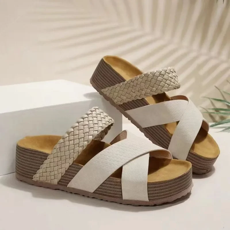 

Summer Women Sandals Sexy Open Toe Broad Band Crossover Slip-On Thick Platform Shoes Casual Flat Slippers Big Size 43