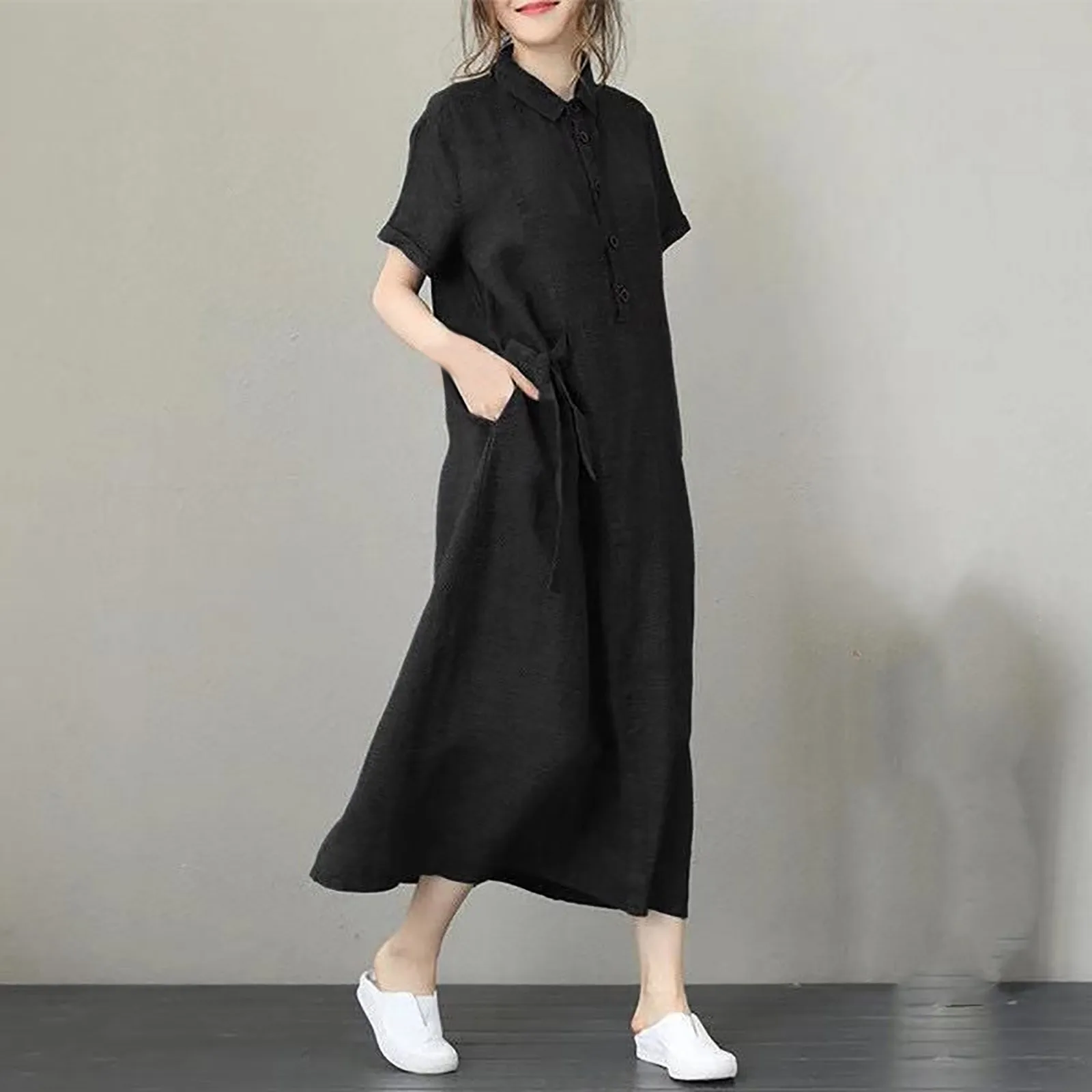 Summer Women\'s Dress 2024 Fashion Lapel Button Short Sleeve Shirt Dress Solid Colour Loose Casual Long Dresses With Pocket