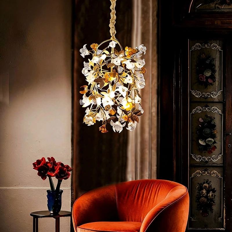 French Style Luxury Copper Chandelier American Country Dining Room Light Villa Creative Cotton Flower Bedroom Entrance Lamp