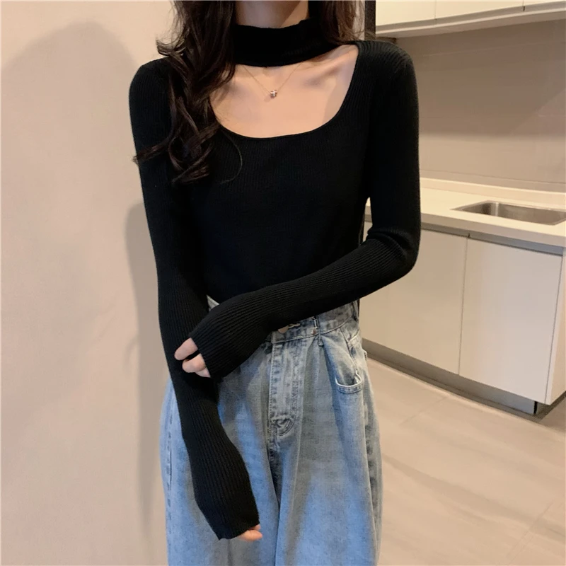 Long Sleeve T-shirts Women Halter Knitted Spring Design Fashion Retro Slim Sexy Popular Tops 8 Colors Leisure Simple Cozy Femme