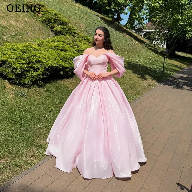 OEING Einfache A-Linien-Abendkleider, Prinzessin-Rosa, schulterfrei, drapiertes Satin-Maxi-Abschlussballkleid, Geburtstagsparty-Kleid, individuell gestaltet