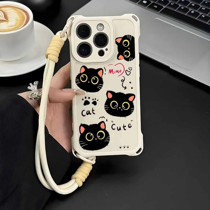 素敵な漫画風黒猫デザインのSamsung S25 S24 S23 S22 S21 S20 FE Note 20 Ultra用ストラップ付き耐衝撃・落下防止カバー、ソフトフォンケース