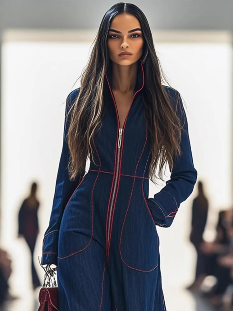 Jumpsuit With Pocket For Woman Spring Autumn Fashion Solid V-neck Half-open Collar One-piece Pants Lady Foreign Style Jumpsuits