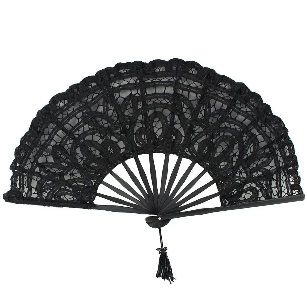 Handmade Cotton Lace Folding Hand Fan for Party Bridal Wedding Decoration (Black)