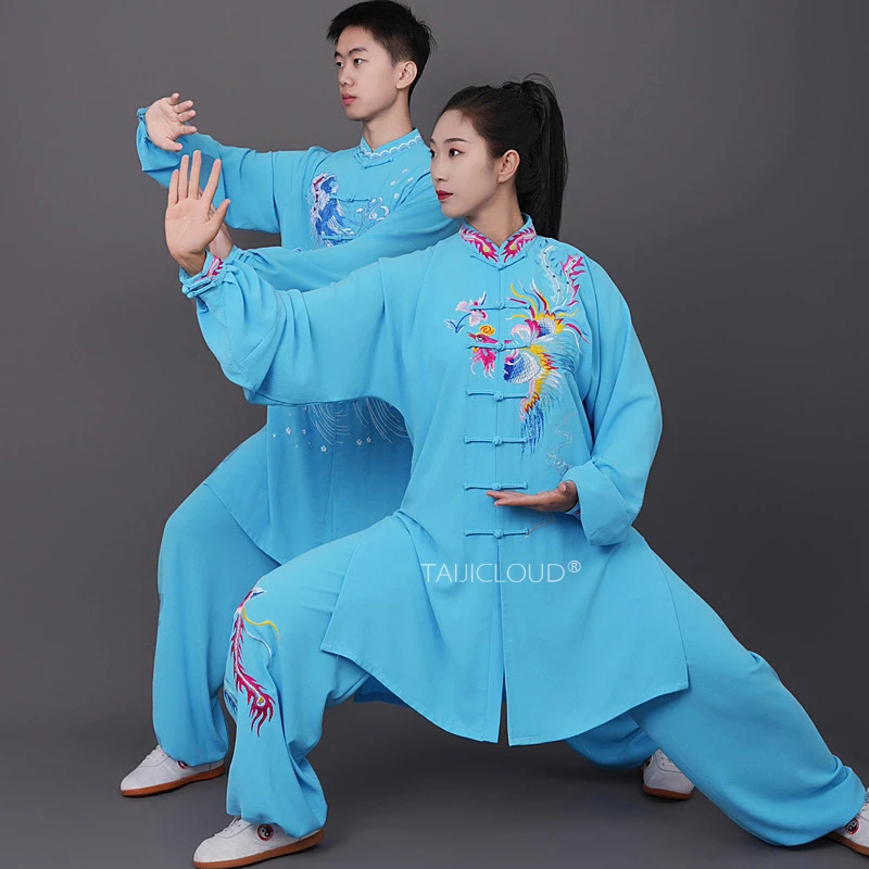 Tai Chi Suits | Women's Phoenix & Men's Dragon Embroidered - Mid-Length Kung Fu Uniform for Baduanjin/Qigong