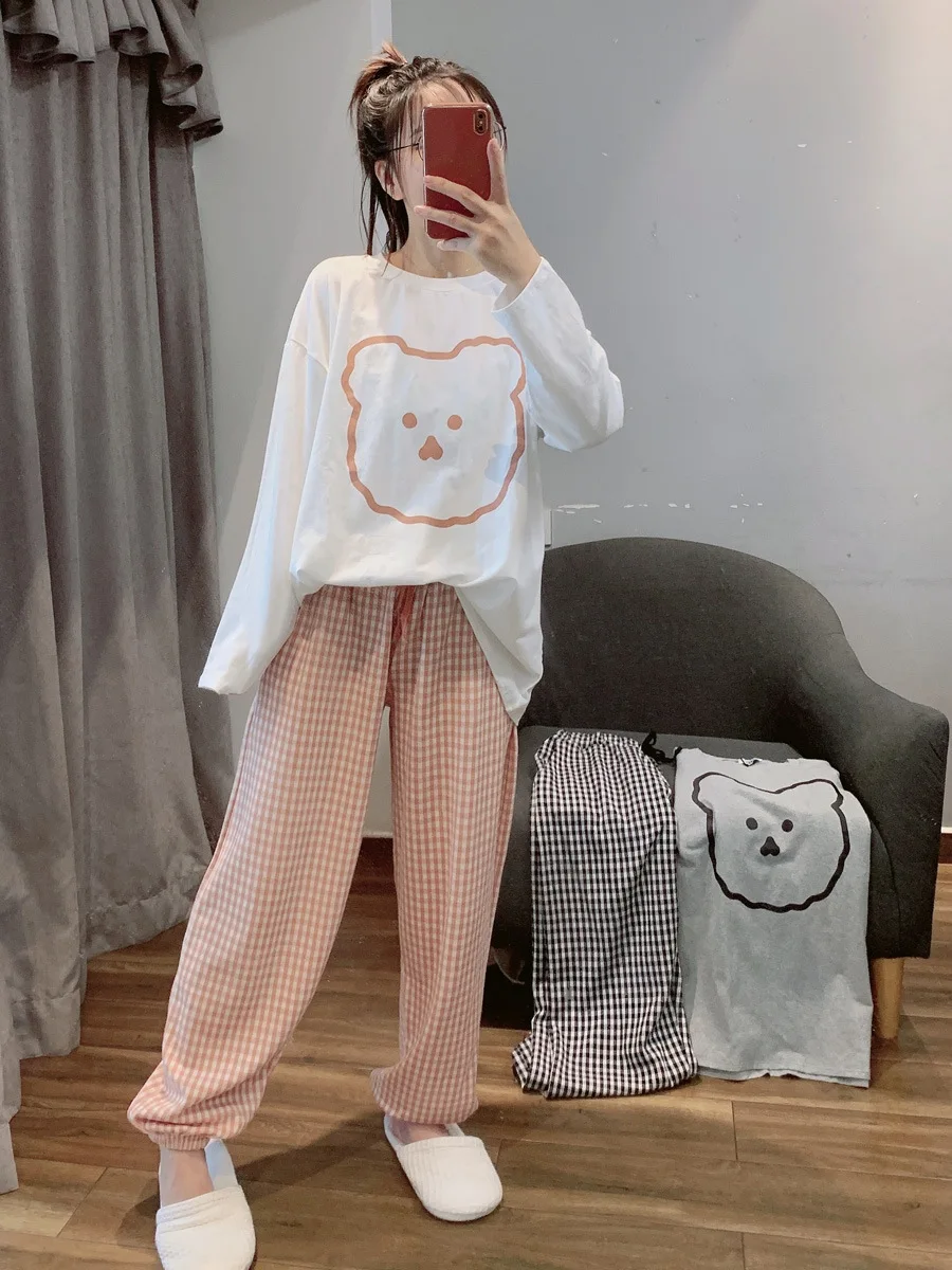 Ladies 2-Piece Set Of New Spring And Autumn Women\'s Sleepwear Long-Sleeved Trousers Korean Version Of The Loose Casual Homewear