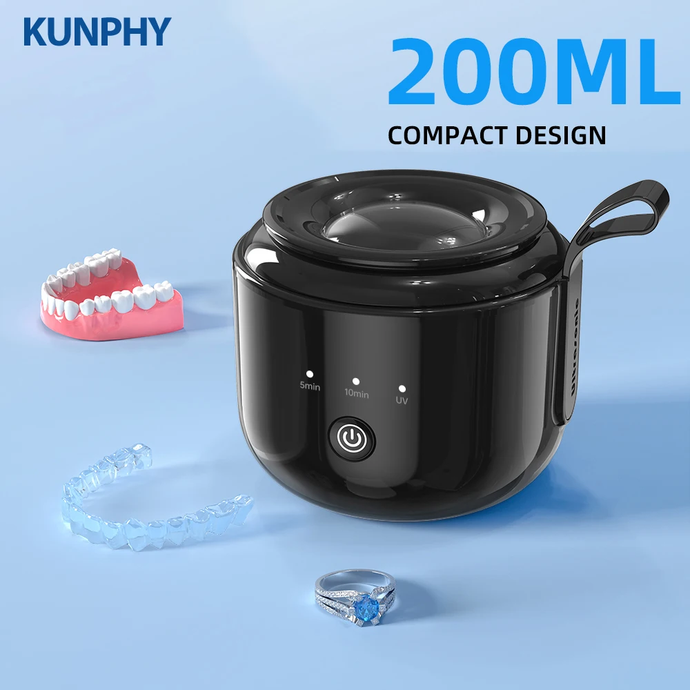 KUNPHY 휴대용 48KHZ 초음파 틀니 세척기 24W 치과용 초음파 UV 세척기 가짜 이빨 교정기 리테이너 청소 키트