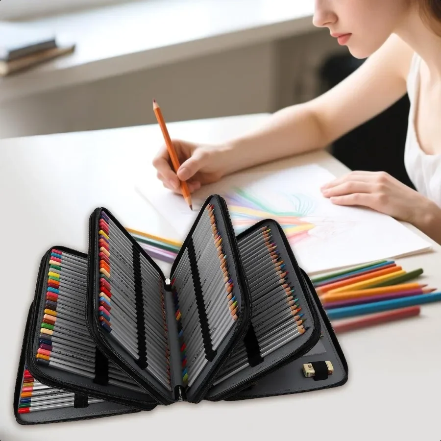 مقلمة ملونة ذات سعة كبيرة 250 فتحة من جلد البولي يوريثان مع سحاب إغلاق منظم محمول لأقلام الألوان المائية مثالية لـ