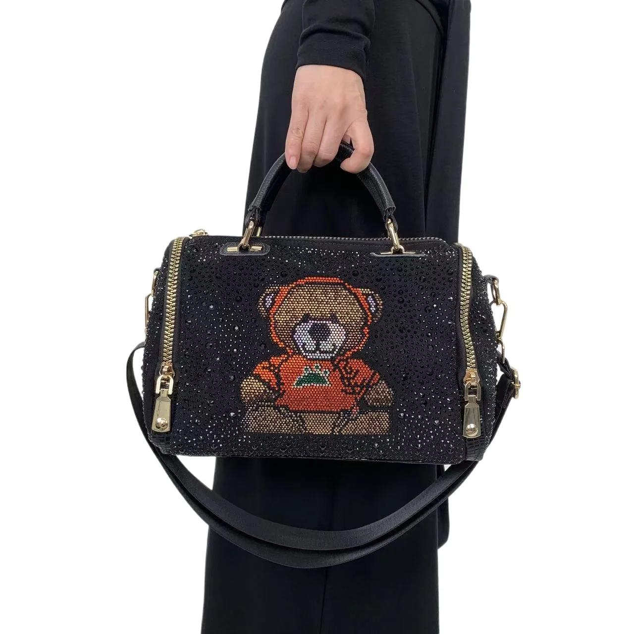 

Women's Handbag Black Real Leather with Mesh Shoulder Bag Ita Boston Luxury Shiny Messenger Bag Bolsas De Mujer