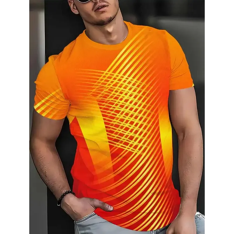 Men's Quick Dry T Shirt High Elasticity Red Orange Gradient Cross Stripe Print Short Sleeve Crew Neck Breathable
