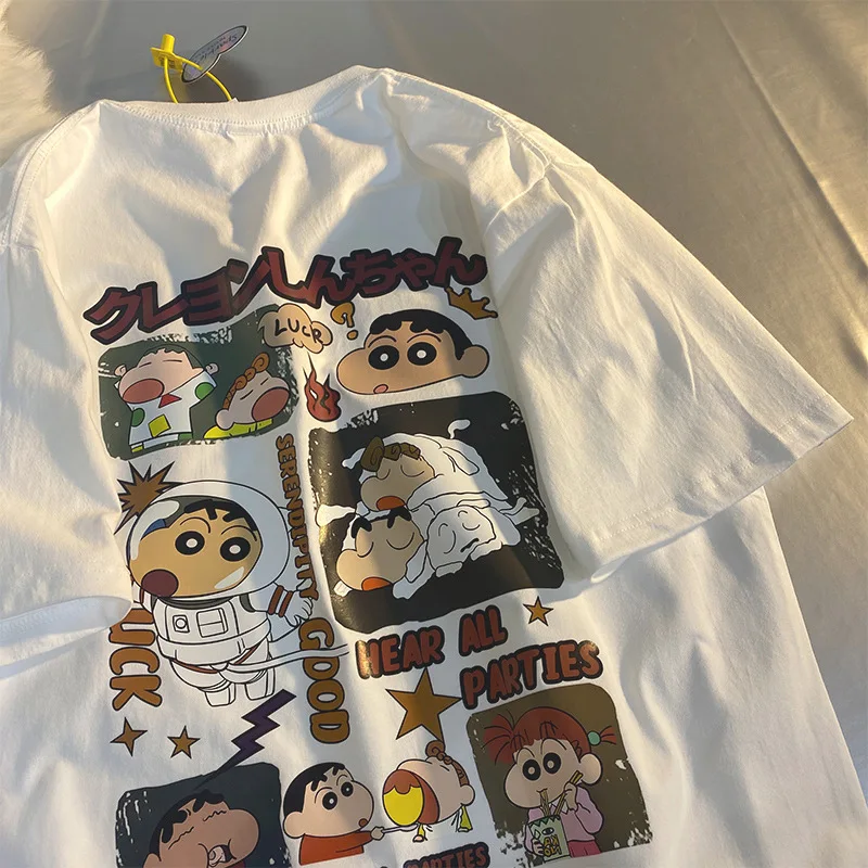 Crayon Shin Chan เสื้อยืดการ์ตูนอนิเมะคู่เสื้อยืดแขนสั้น2024ทรงหลวมฤดูร้อนเสื้อยืดนักเรียนหญิงผิวนุ่มเป็นมิตร