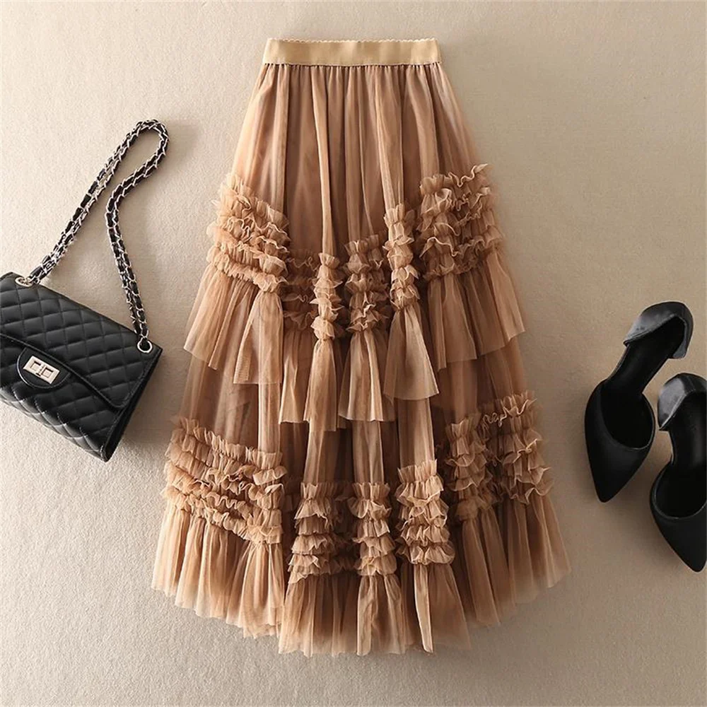 

Women Fashion Sweet Solid Color Spring Autumn Petticoat Tulle Pleated Skirt Female New Elastic High Waist Mesh Cake Skirt