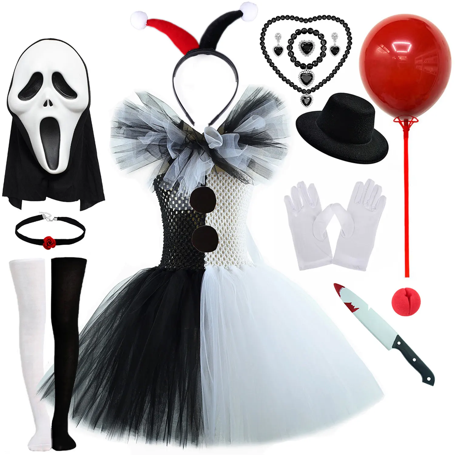Halloween Trick or Treat Girl Cosplays Scary Clown Black and White Mesh Dress Scary Mask Balloon Knife and Other Accessories Set