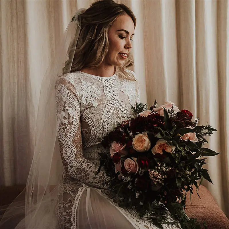 Lakshmigown Spitzen-Boho-Hochzeitskleid mit langen Ärmeln, O-Ausschnitt, rückenfrei, Spitze, Bohemian-Strand-Brautkleid, maßgeschneidert – Detail 6