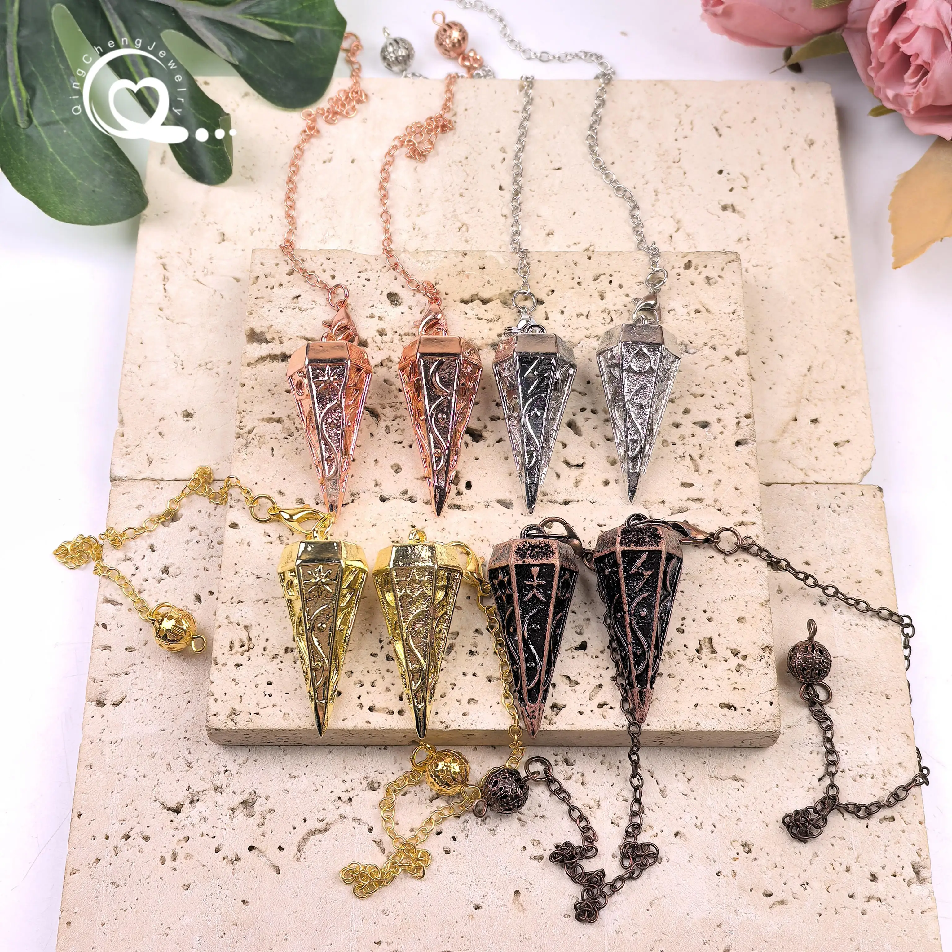 

Reiki Healing Copper Metal Rune Cone Pendulum,Plated Gold Dowsing Spiritual Divination Wicca Pendule Pendulo Jewelry,QC6024