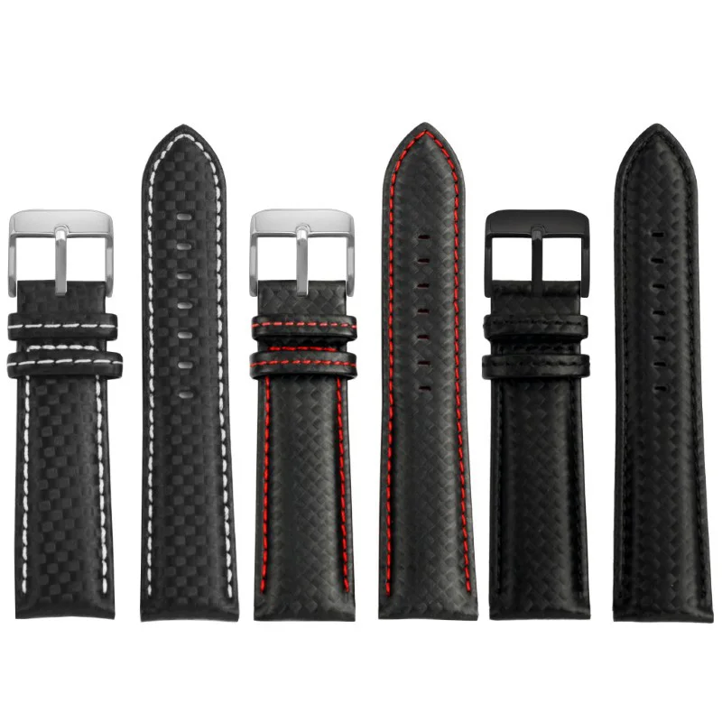 

Men's Carbon Fiber Pattern Lea-ther Watch Strap Accessories Black Red Watchband Bracelet wristband 20mm 21mm 23mm 24mm