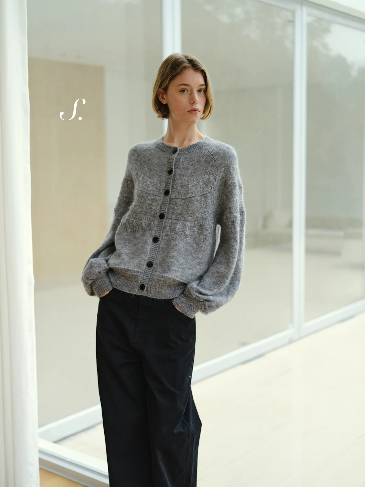 

Вязаный кардиган Shyshy с рукавами-фонариками, дышащий, ажурный, из кашемира, весна-лето, женский, свободный крой, с длинными рукавами