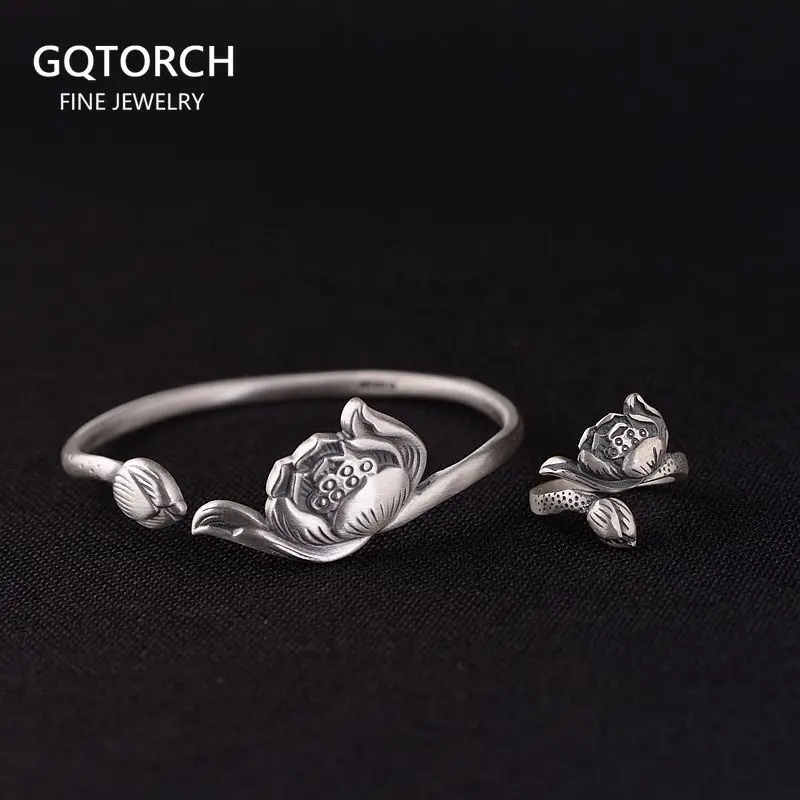 

Sterling Silver 999 Cuff Bangle for Women Vintage Lotus Lucky Bracelet Ring Thai Silver Matte Open Jewelry Set