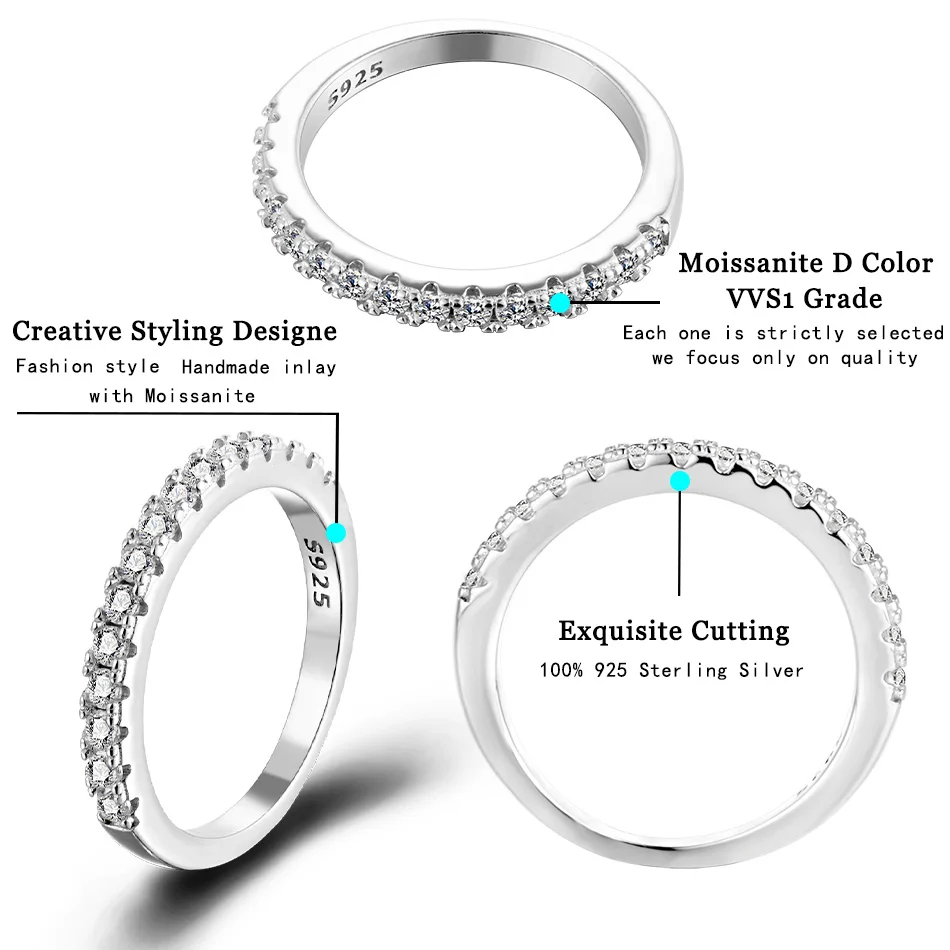 Moissanite Ring 925 Sterling Silver with White Gold Plated Full Diamond Eternity Band Engagement Wedding Rings for Women