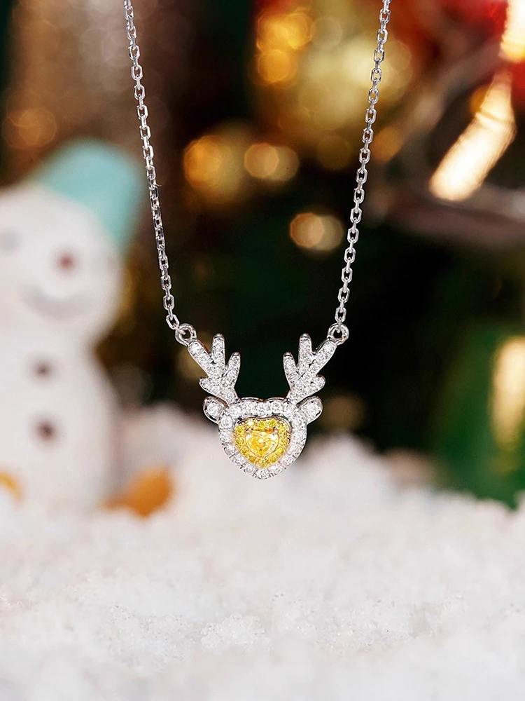 

S925 Sterling Silver Necklace Female Yellow Heart Zircon Elk Head Pendant Elegant Collarbone Chain Daily Wear Holiday Party Gift