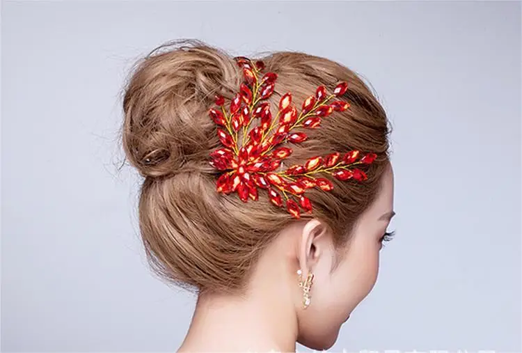 Big Leaf Bridal Head Jewelry Piece Flower Red Rhinestone Hair Vine Chinese Wedding Hair Accessories For Bridesmaid Head Dress