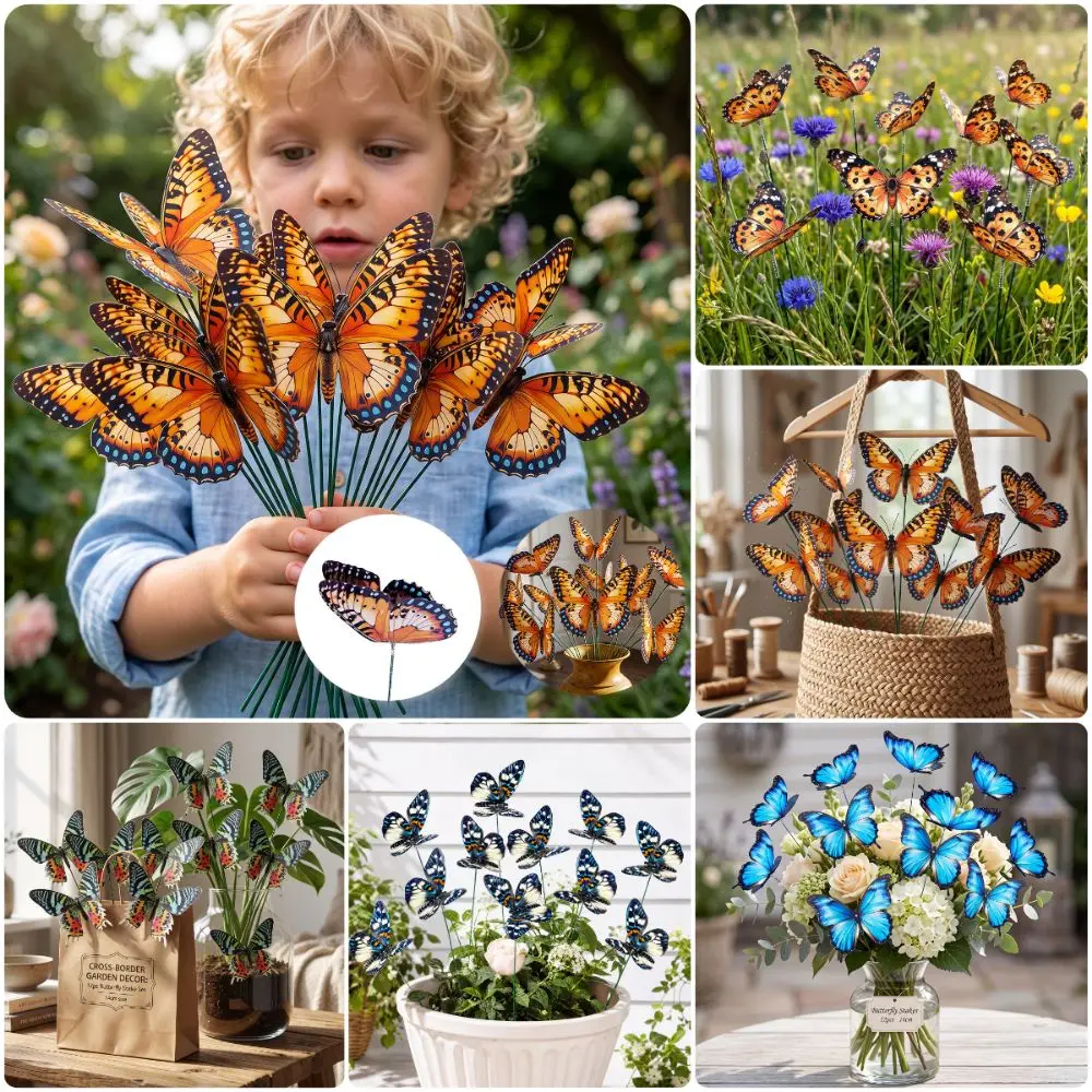 12PCS Multicolor Butterfly Garden Stakes Plastic Indoor Outdoor Garden Butterfly Stakes 3D Butterfly Photo Props