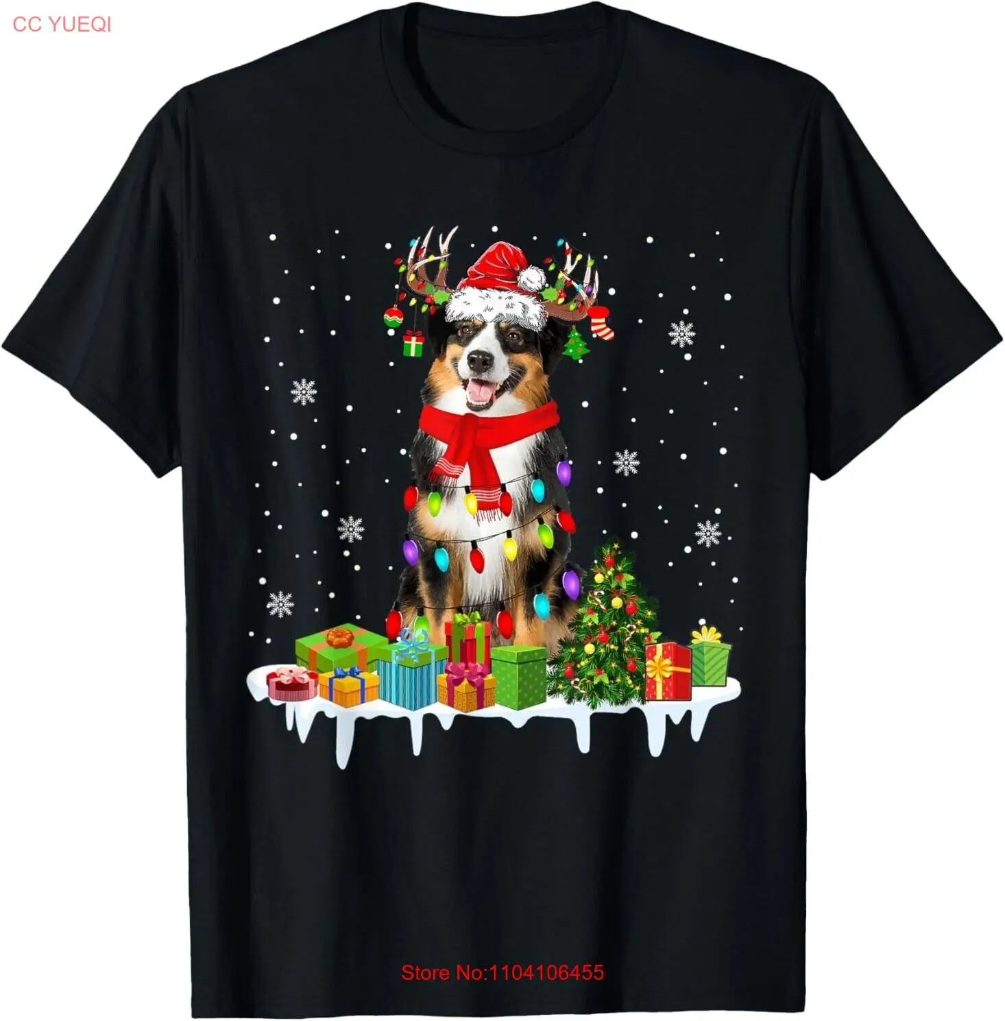 

NEW Xmas Australian Shepherd Christmas Lights Santa Reindeer Dog Best T-Shirt