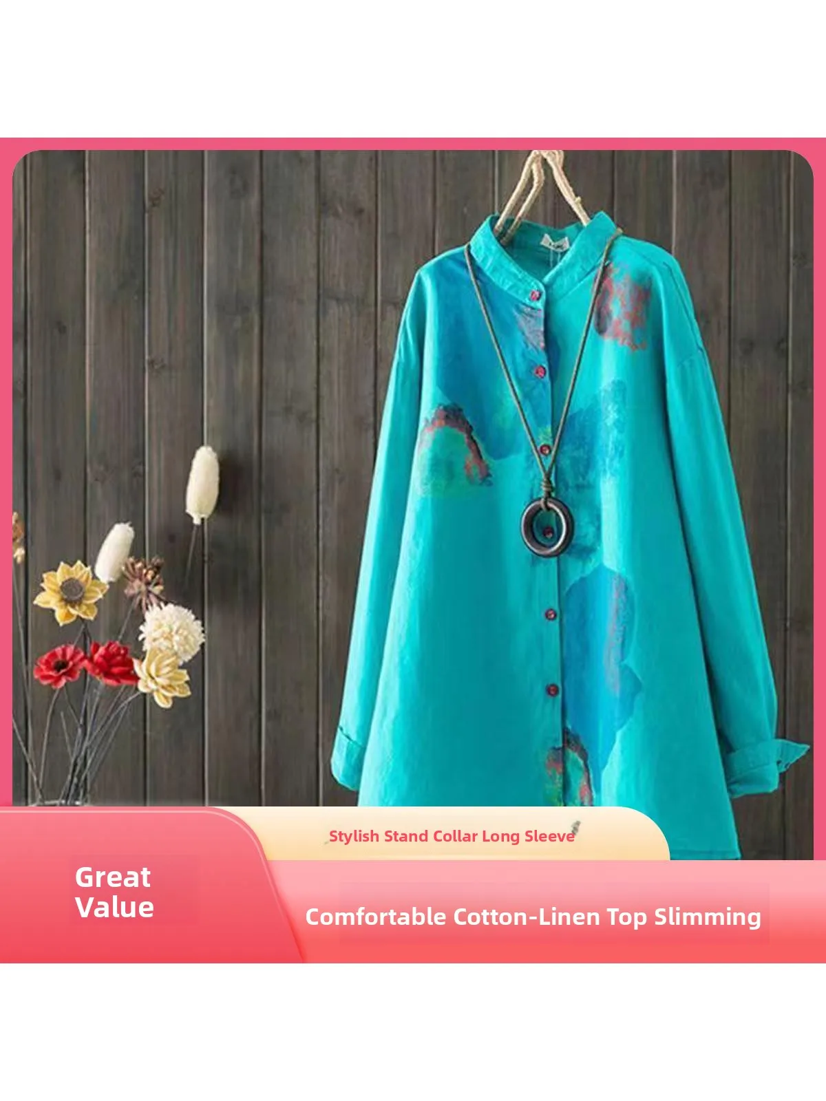 

Loose Fit Long Sve Cotton Linen irt Brand Women's Clothing Tailored Mid-Length Stand Collar Slimming Top