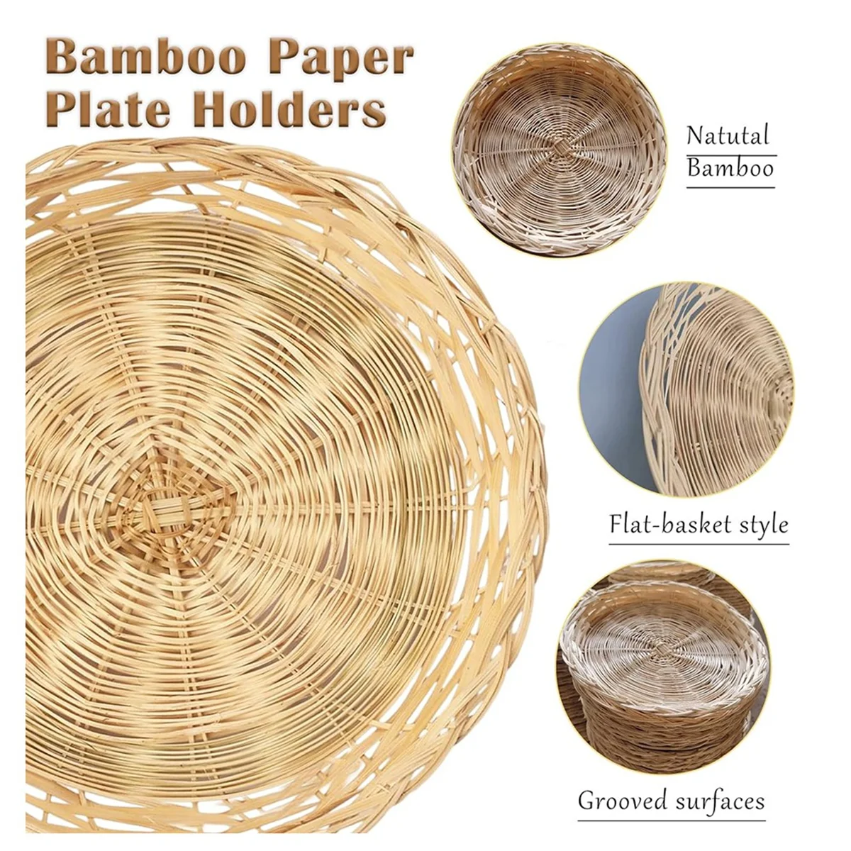 8 Pack Bamboo Paper Plate Holders, 10 Inches Reusable for Dinner Plates Hand Woven Wicker Paper Plate Baskets