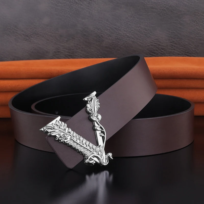 2022 New High Quality gold V letter flower designer belts men 3.8cm Wide brand leather luxury casual jeans ceinture homme black